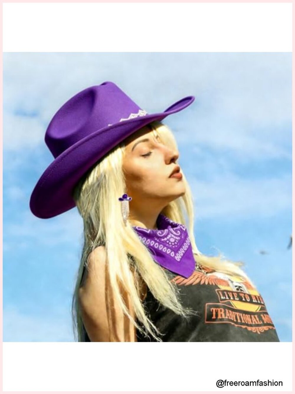 Wide Brim Cowboy Hat with Rhinestones, Bandana, Tassel Earrings - Picture 3 of 6